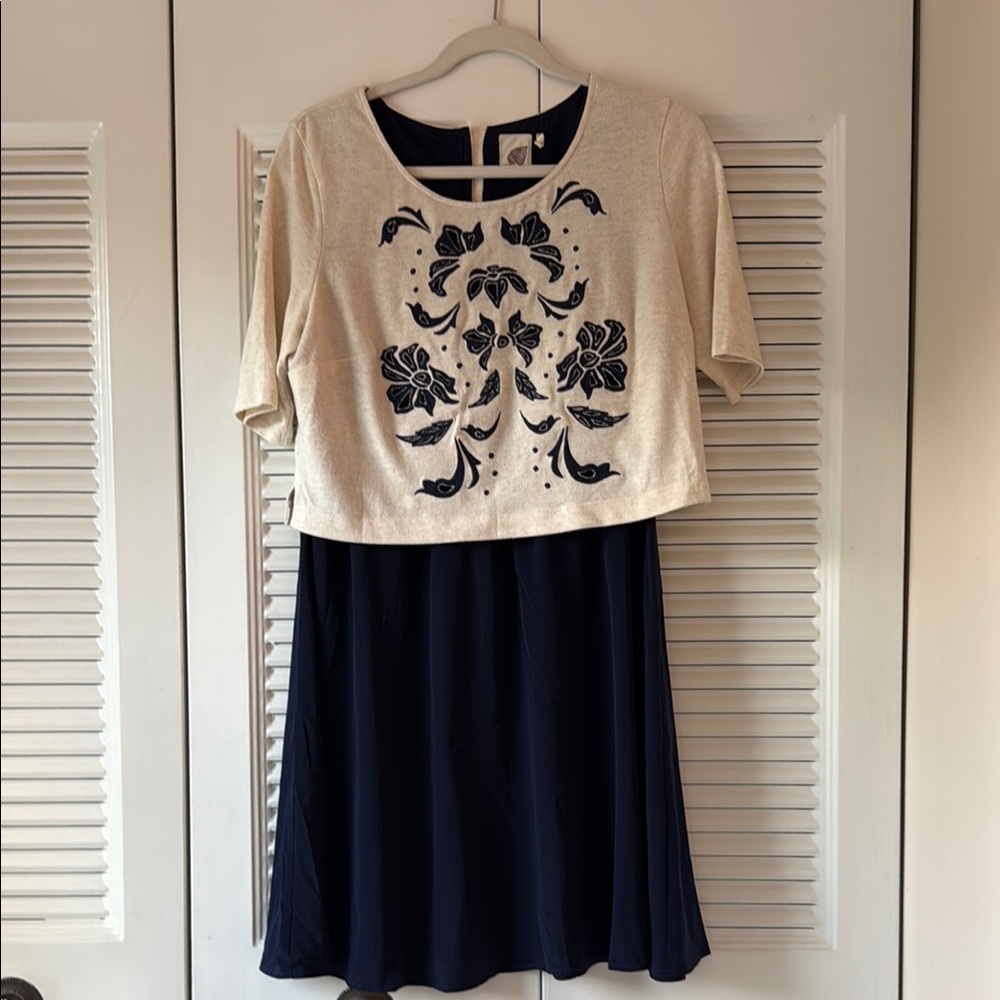 Cream and Blue Embellished Midi Sundress with 3/4 Sleeves